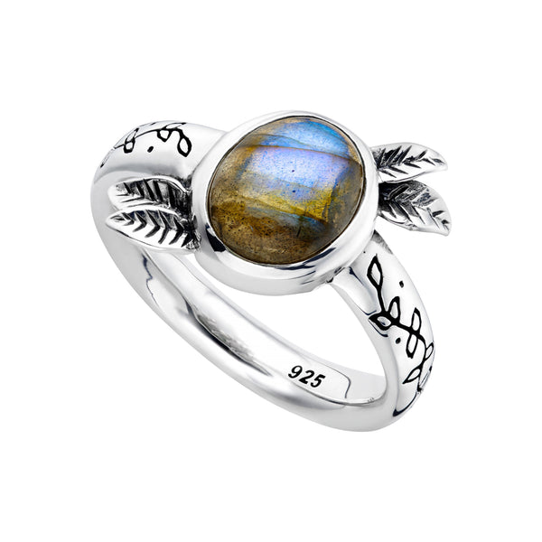 Sterling silver labradorite leaf ring gothic alternative unusual jewellery jewelry