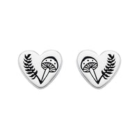 Heart Fern toadstool mushroon stud earring nature inspired alternative boho sterling silver jewellery. 