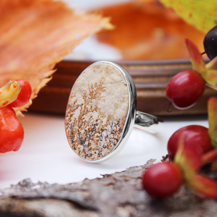 HARVEST - Sterling Silver & Psilomelane Dendrite Ring - US 9