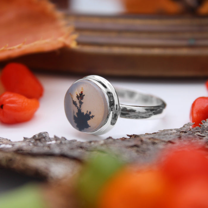 WHISPERING WOODS - Sterling Silver & Scenic Agate Ring - US 7