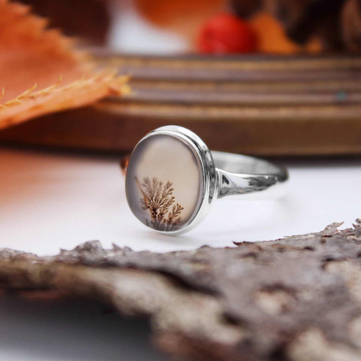 WHISPERING WOODS - Sterling Silver & Scenic Agate Ring - US 10