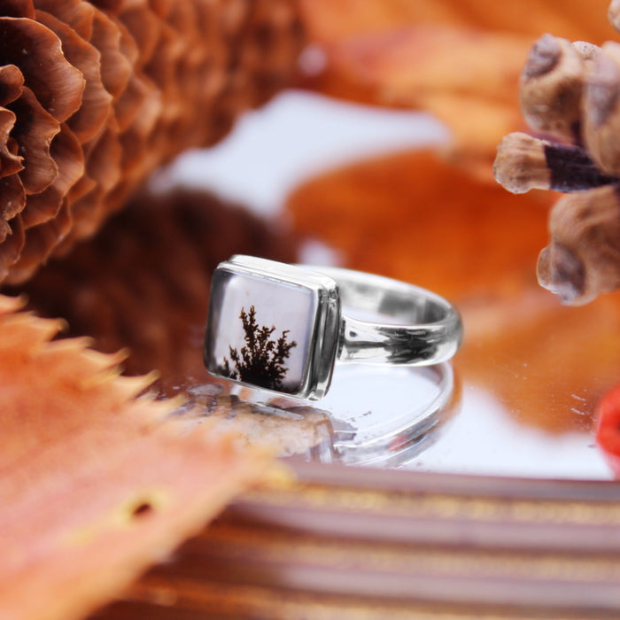 WHISPERING WOODS - Sterling Silver & Scenic Agate Ring - US 6
